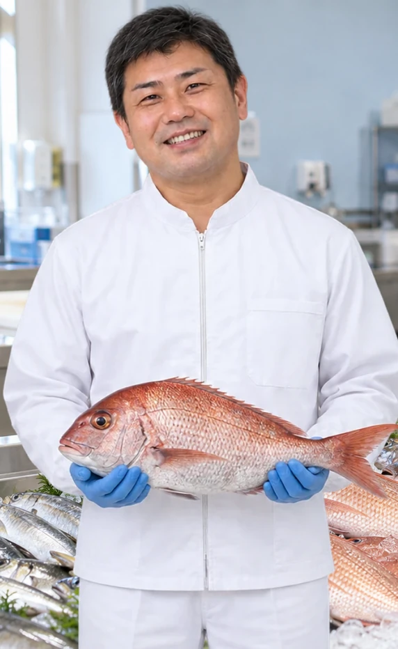 魚を持つスタッフの笑顔