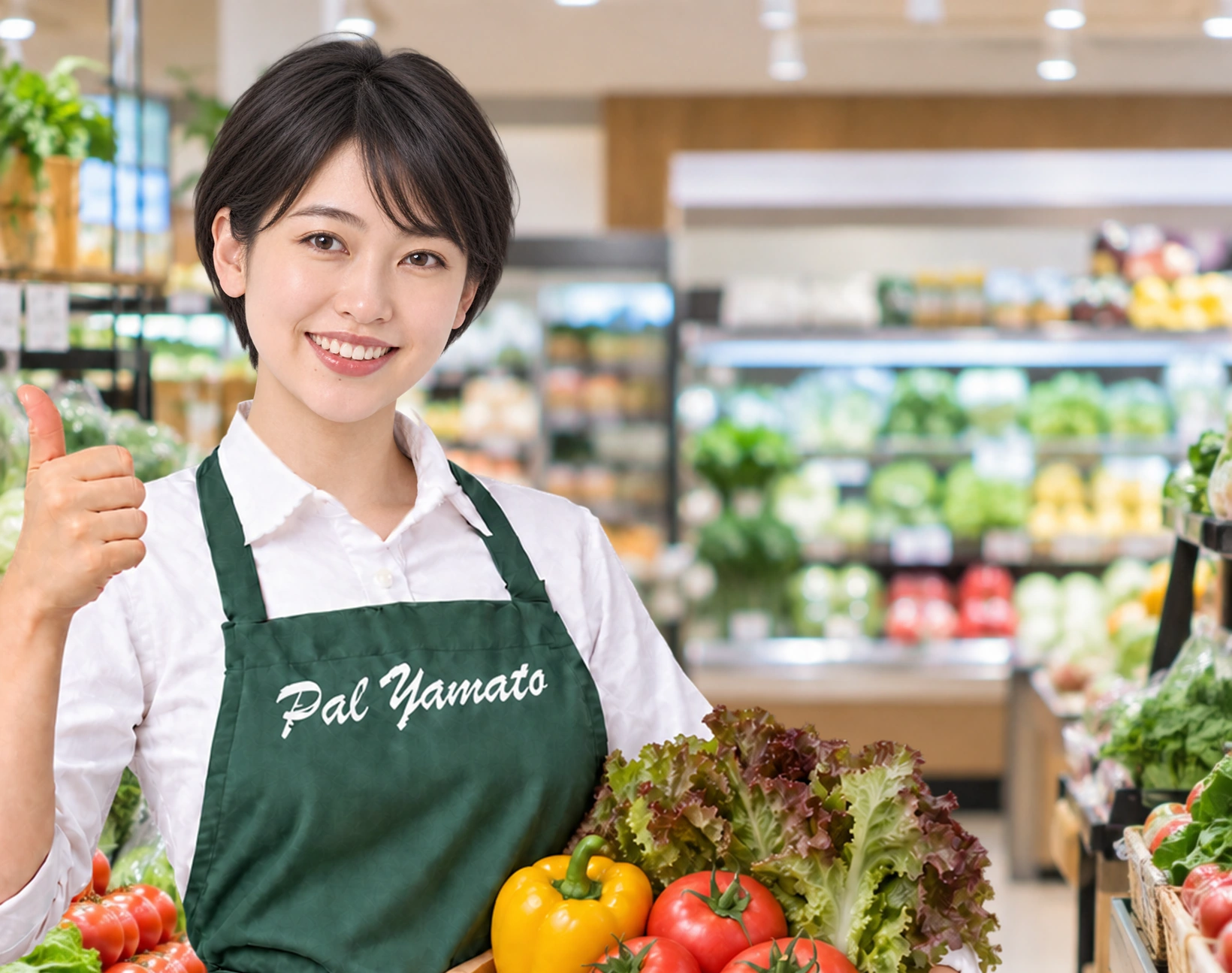 野菜箱を持つスタッフの笑顔